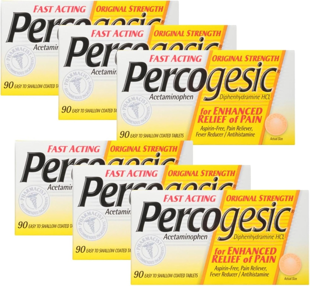 Aspirina percogesica Tabelle di sollievo dal dolore libero, Forza originale, Acetaminofene e Difenidramina, 90 ct (Pacchetto di 6)
