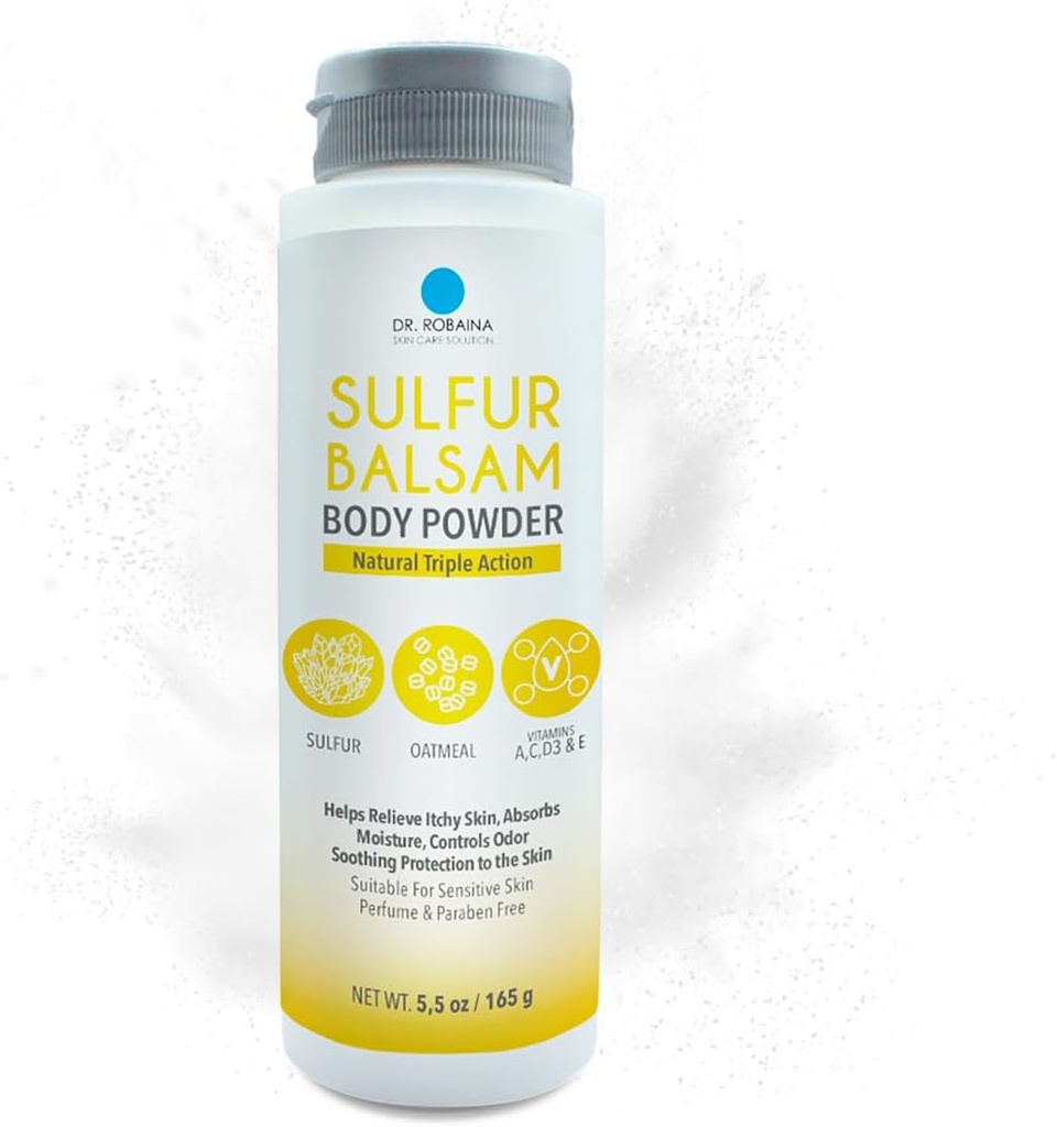 Dr. Robaina Solfur Balsam polvere corpo – polvere tripla azione per pelle prurito, controllo dell'umidità e sollievo dell'odore – adatto per pelle sensibile con eczema e psoriasi – Made in USA