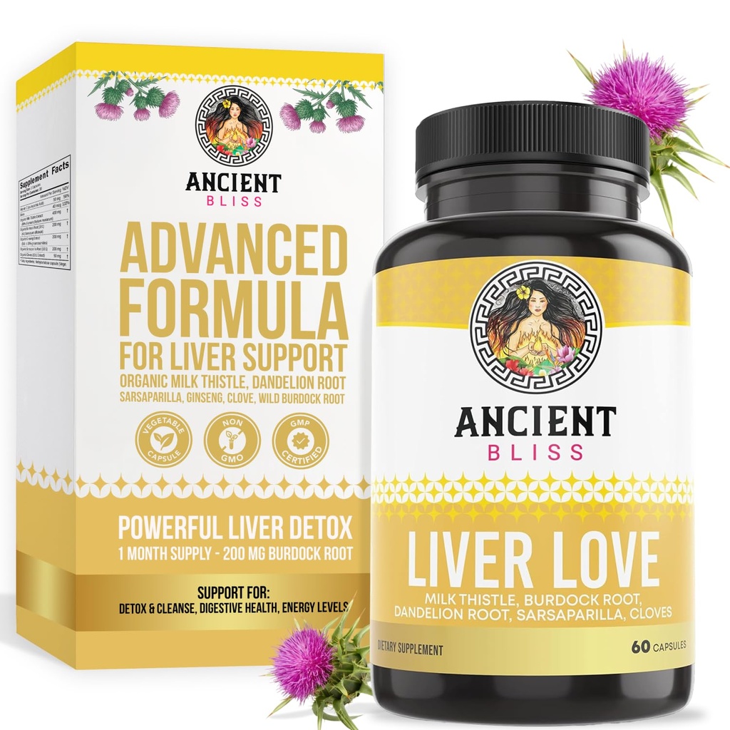 Antica Bliss Liver Love - Natural Milk Thistle Liver Detox and Liver Health Cleanse Supplement - Support Healthy Liver in Men and Women - 60 Capsules - con Burdock, Dandelion, Cloves, and More