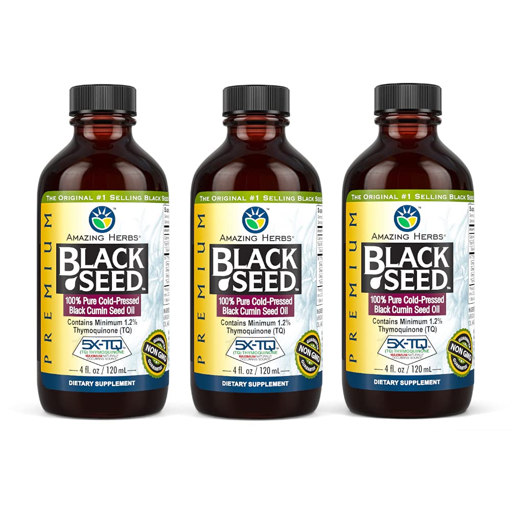 Amazing Herbs Premium Black Seed Oil - Gluten Free, Non OGM, Cold Pressed Nigella Sativa Aids in Digestive Health, Supporto immunitario, Funzione cerebrale - 4 Fl Oz (Pack of 3)