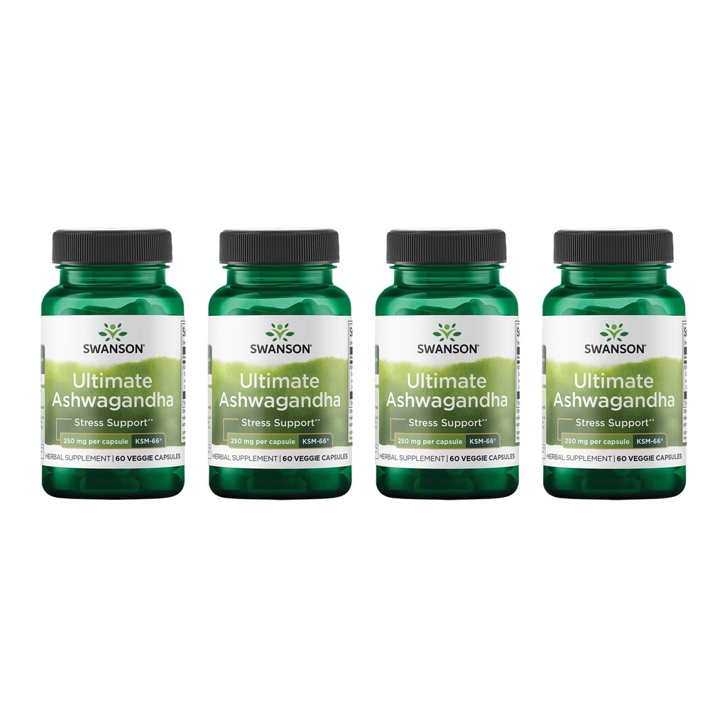 Swanson Ultimate Ashwagandha KSM-66 - Integratore a base di erbe Sostenere Livelli di stress sano e rilassamento - Formula naturale per promuovere una mentalità calma e rilassata - (60 capsule vegetali, 250 mg ciascuno) (4 pacchetto)