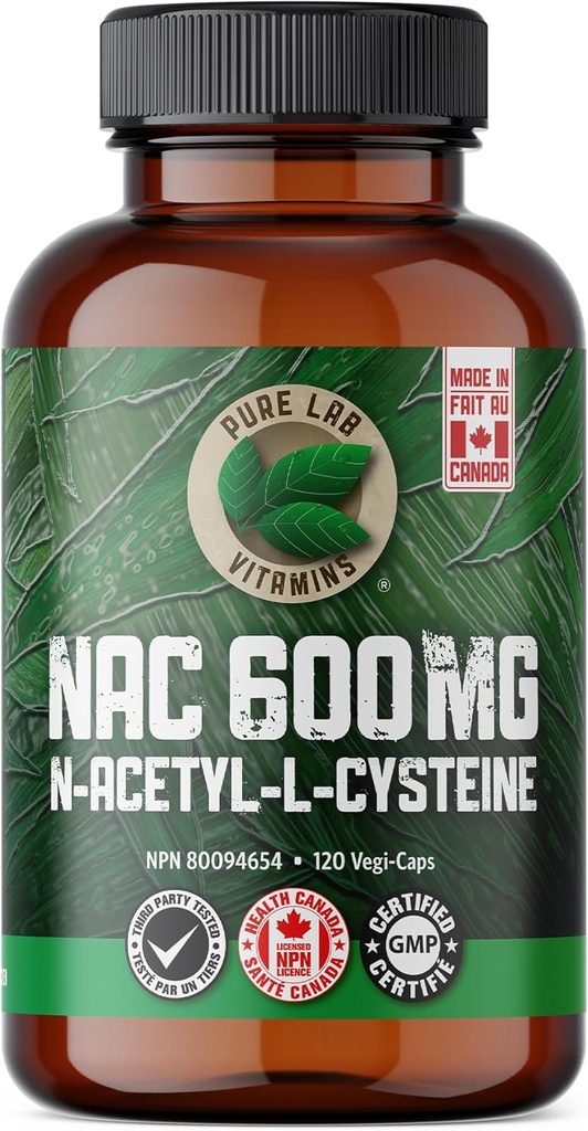Pure Lab Vitamins NAC (N-Acetyl-Cysteine) 600 mg - 120 tappi Made in Canada