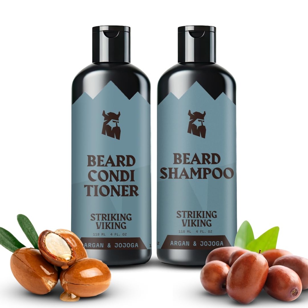 Striking Cuscinetto Vichingo Shampoo e Set Condizionatore – 4 Fl Oz Ogni, Fresco Masculino Profumo - Cuscinetto Lavaggio e Condizionatore per Uomo - Detergenti & Softens, con Olio di Argan & Jojoba - Sulfate & Paraben Free