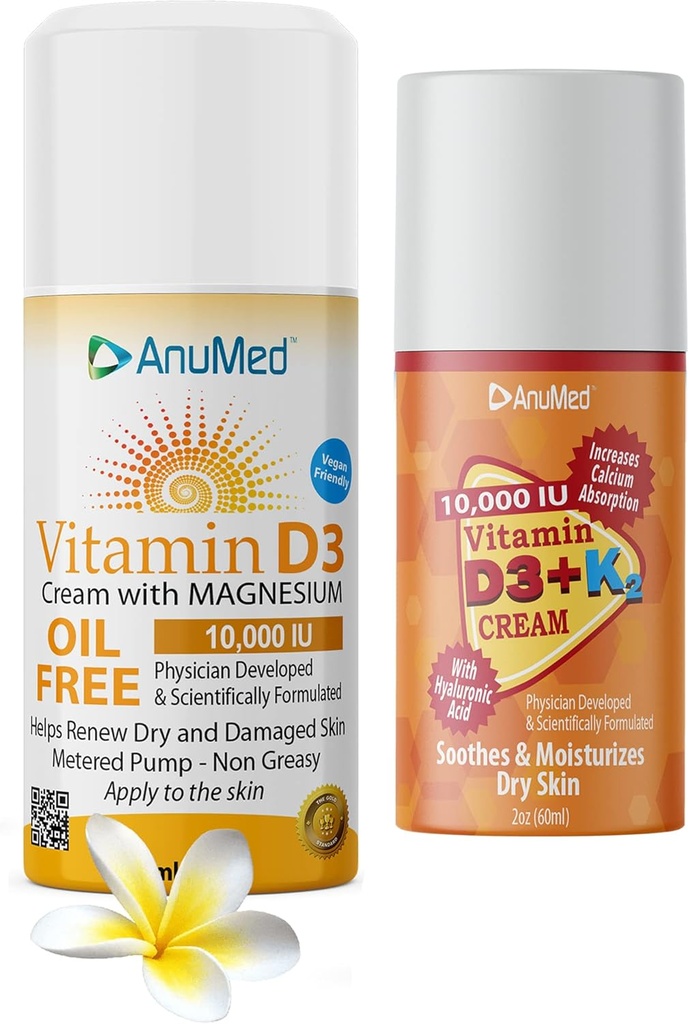 Crema naturale con vitamina (D3 10.000 IU oil-free) + (D3 con K2 10.000 IU Travel Size 2oz) Ingredienti potenti con acido ialuronico, magnesio, vitamina E, zinco, vitamina B3. Non OGM