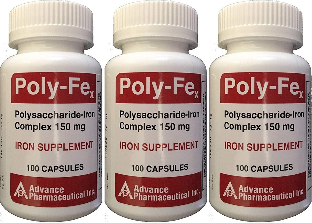 Polysaccharide Iron Complex 150 mg Capsule Ferro Supplemento 100 Capsule per Bottiglia Confezione da 3 Totale 300 Capsule
