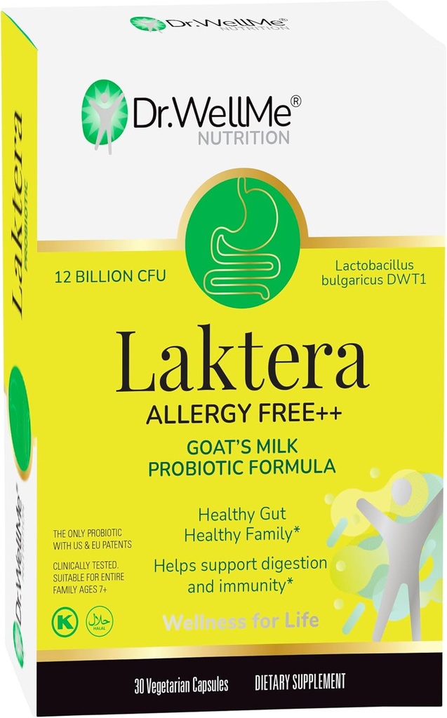 Dr. WellMe Laktera Allergy-Free Probiotics – 30 capsule, 12B CFU Goat’s Milk Probiotic Formula, Integratori Immune & Gut Health – Basso Lattosio, Senza Glutine per Adulti & 7+ Bambini