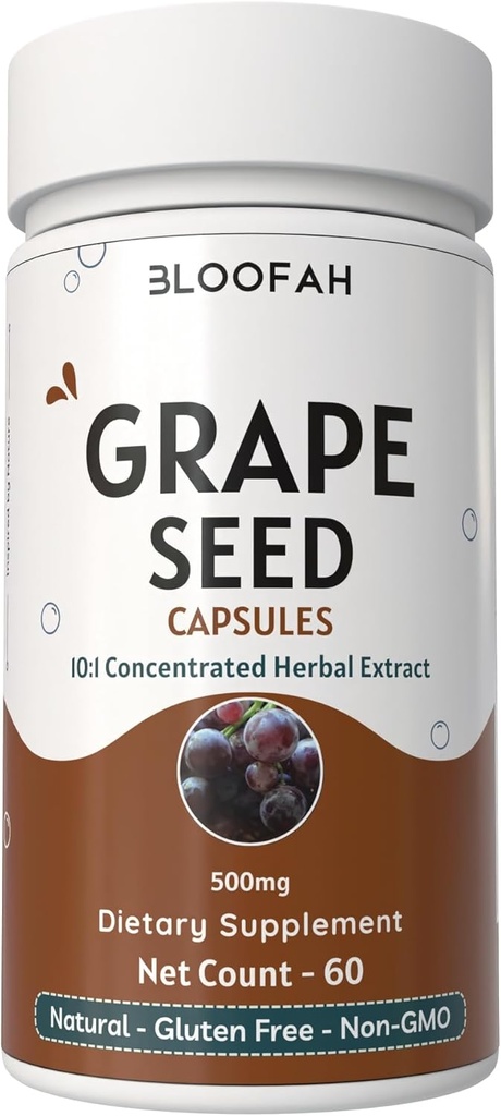 Capsule di semi d'uva 500mg | 10:1 Estratto concentrato | Integratore naturale di erbe | Non OGM, Polvere di semi d'uva senza glutine per il benessere quotidiano (60 conteggio (confezione di 1))