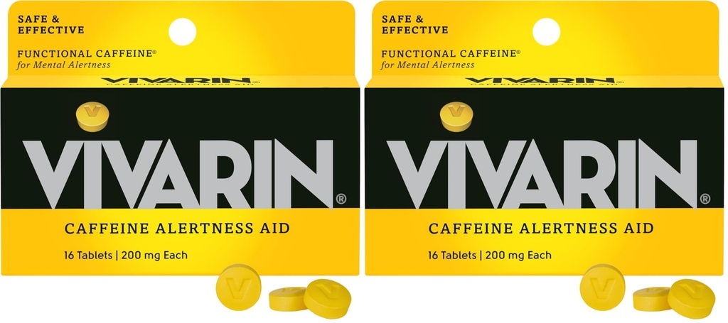 Vivarin, Pillole di caffeina, 200 mg di caffeina per dosaggio, in modo sicuro ed efficace aiuta a rimanere sveglia, senza zucchero, calorie o ingredienti nascosti, supplemento di energia, 16 compresse (Pack of 2)