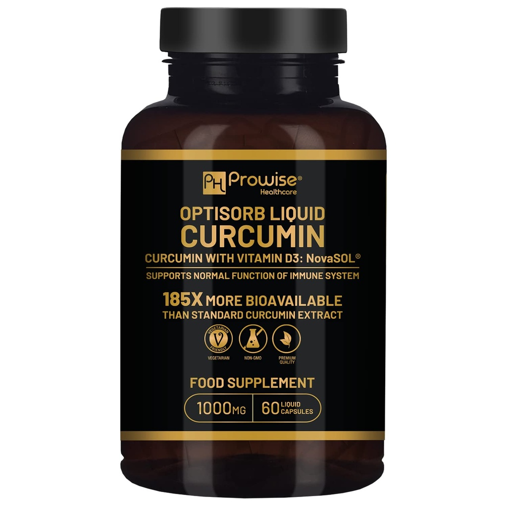 Curcumina liquida ottimale con vitamina D - 60 Liqcaps | 185x Biodisponibilità curcuma e curcumina - Ultra Biodisponibile | Capsule Liquidi con 1000mg NovaSOL Dosaggio giornaliero - UK Prodotto