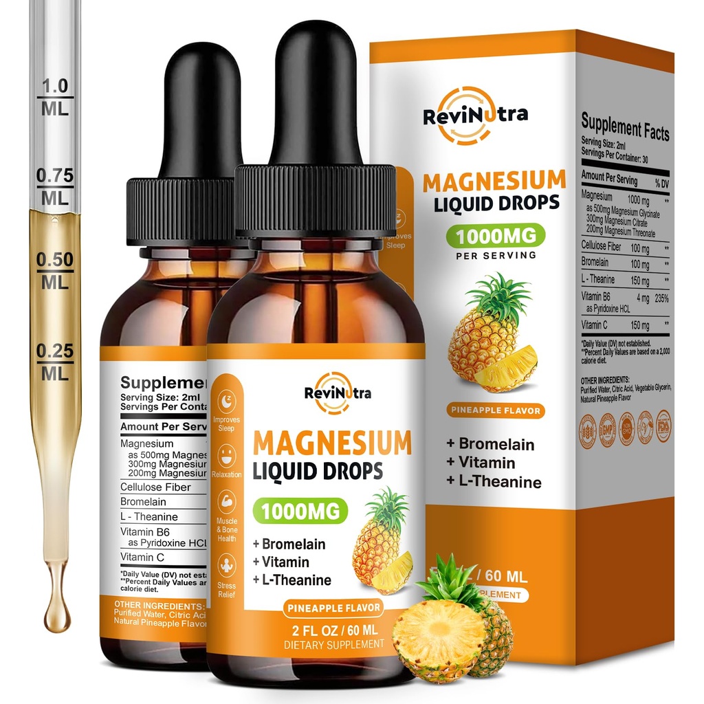 Gocce liquide di glicinato del pacchetto 2, 1000 mg di gocce del complesso di magnesio liquido per il sonno, Nerve, energia, muscolo, ossa, calma e digestione, alto assorbimento, 2 Fl Oz, aroma di ananas