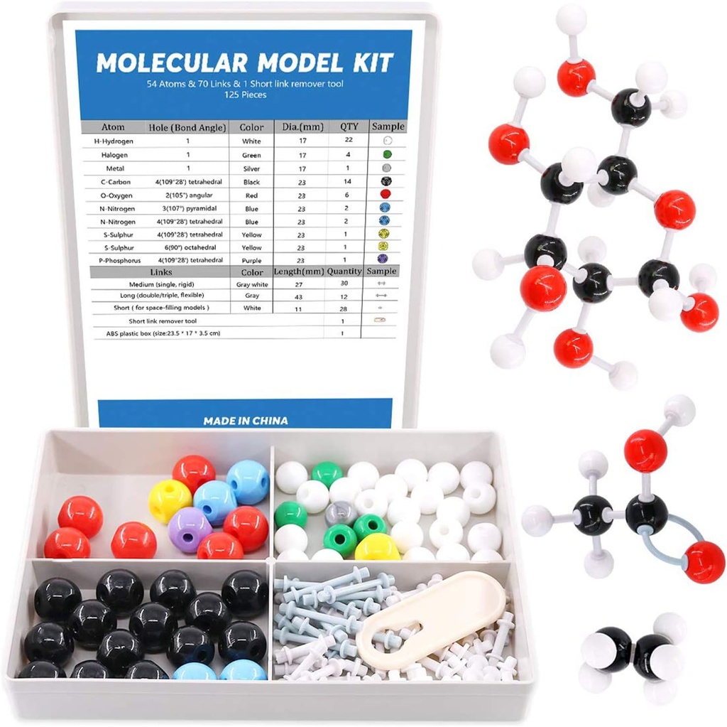 Swpeet 125 Pcs Kit di modello molecolare per Inorganic & Organic Model Molecular Teacher e 16 anni e Over Student Kit - 54 Atoms & 70 Links & 1 Short Link Remover Tool - Giocattoli di scienza