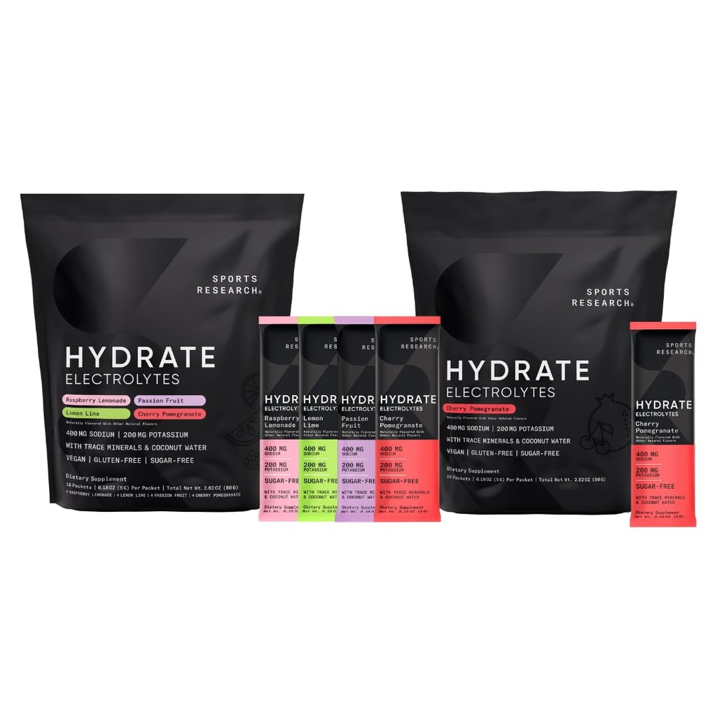 Ricerca sportiva Hydrate Electrolytes Combo Pack - Zucchero-Free e naturalmente aromatizzato con vitamine, minerali e acqua di cocco - Supporta l'idratazione - 32 Packets - Cherry Pomegranate Dominant