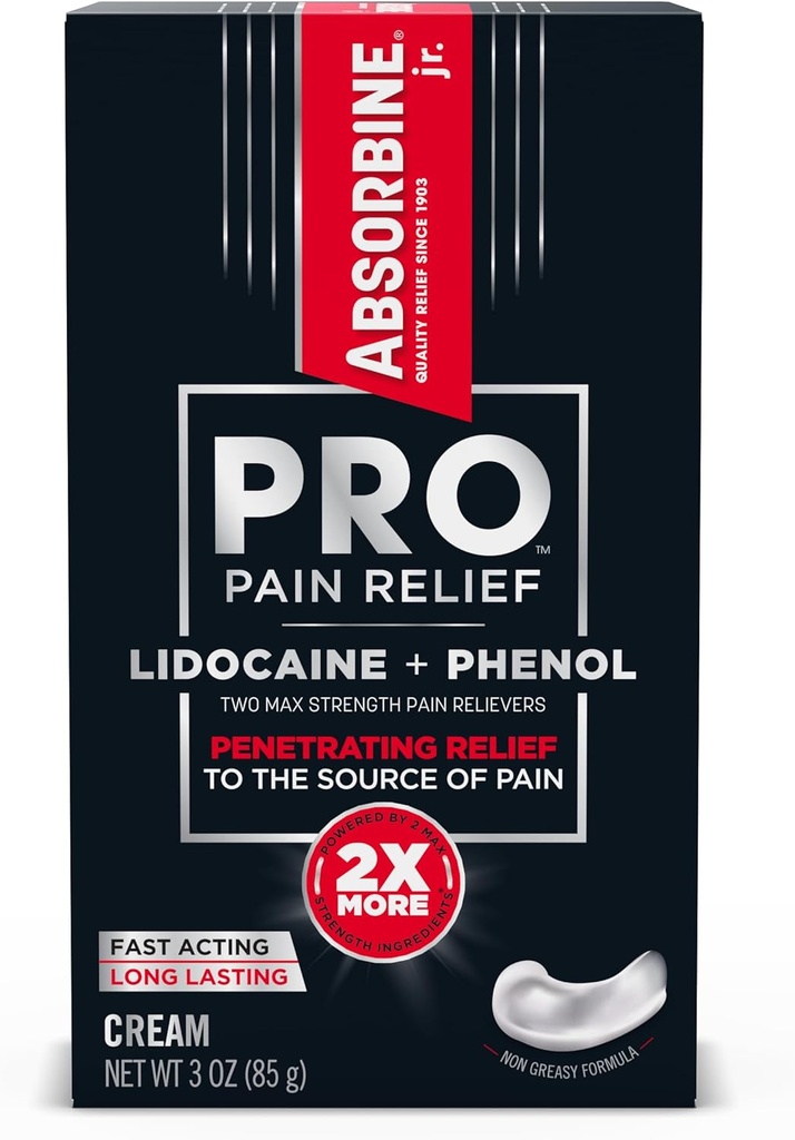 ABSORBINE JR. Absorbine Jr. PRO Crema di lidocaina massima resistenza, Rilievo di dolore massimo con Phenol per l'azione veloce di dolore di Nerve, dolori muscolari, e Discomfort Joint, Formula non grassa, 3oz. Tubo, 1