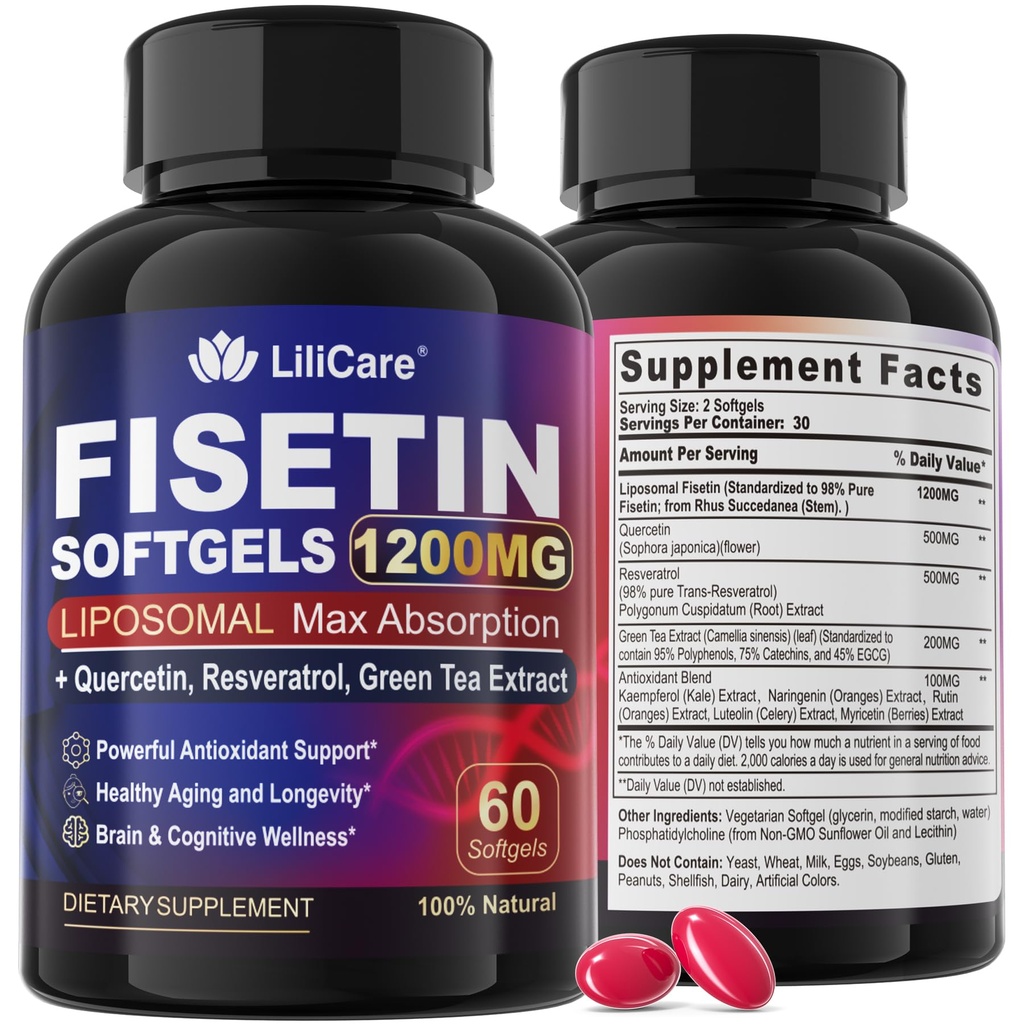 Fisetin Supplement - Liposomal Super Absorption 98% Pure 1200mg con Quercetin, Resveratrolo, Estratto di tè verde per l'invecchiamento sano e longevità, salute della pelle, cervello e antiossidante - 60 Softgels