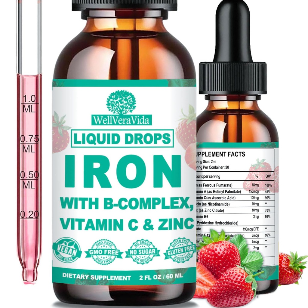 Supplemento di ferro liquido w/Vitamin C, B-Complex, liquido di ferro ad alta potenza w. Multivitamin, gocce di ferro Vegan per le donne, bambini, supplemento di ferro liquido di chelato per l'anemia, fatigue, supporto delle cellule di sangue rosso