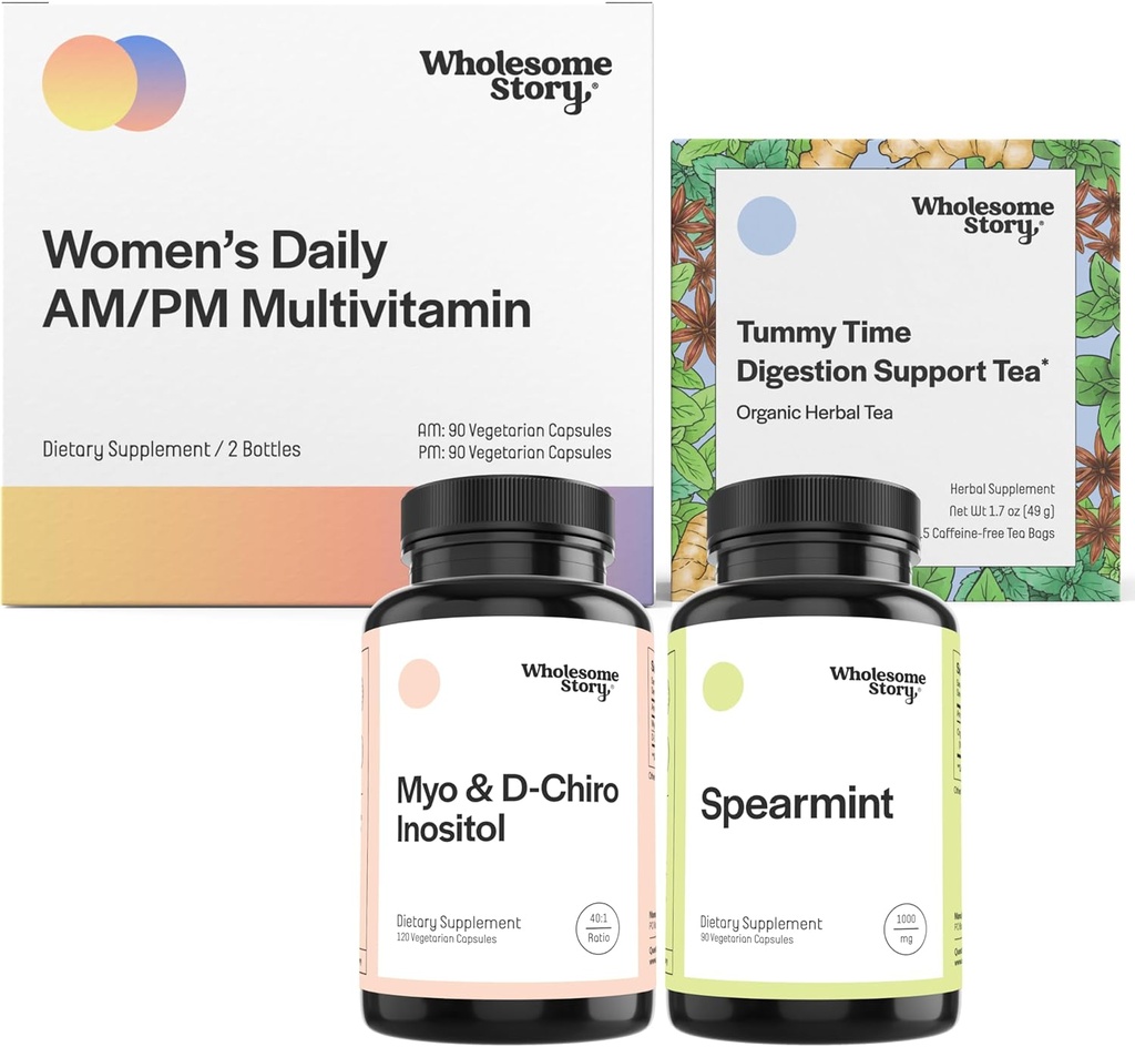 Supporto bilanciamento dell'ormone Bundle | Myo-Inositol & D-Chiro Inositol Blend 30-day Alimentazione | Organic Spearmint 30-day Alimentazione | Premium Daily Multivtamin per le donne 30-day Alimentazione | Mattina Malattia Tea 15