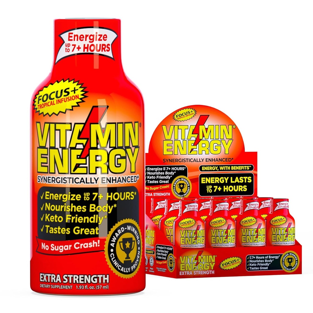 Vitamin Energy Focus+ Extra Strength Energy Shot Tropical Infusion 12 Pack, 260mg Natural Caffeine, B-Vitamins, CoQ10, Aminoacidi, Focus, Produttività & Clarity, Zero Sugar, Gluten-Free, 1.93 fl oz