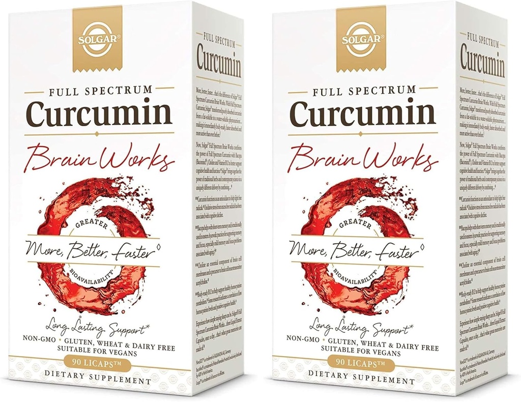 Solgar Full Spectrum Curcumin Brain Works, 90 Licaps - Support Memory Recall, Focus, Funzione cognitiva - Supporto antiossidante - Curcumina, BacoMind, Choline, Vitamina B12 - Non OGM, Vegan - (Pack of 2)