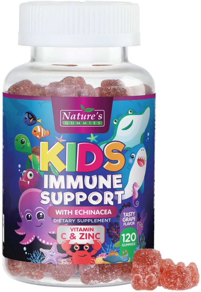 Supporto Immune per bambini Supplementi Gummies - Vitamine C, Zinc & Echinacea - Gomma per bambini Supporto per l'immunità, Età 4 e Su, Natural Berry Flavor, Non-GMO, Gluten-Free & Vegan - 120 Gummies