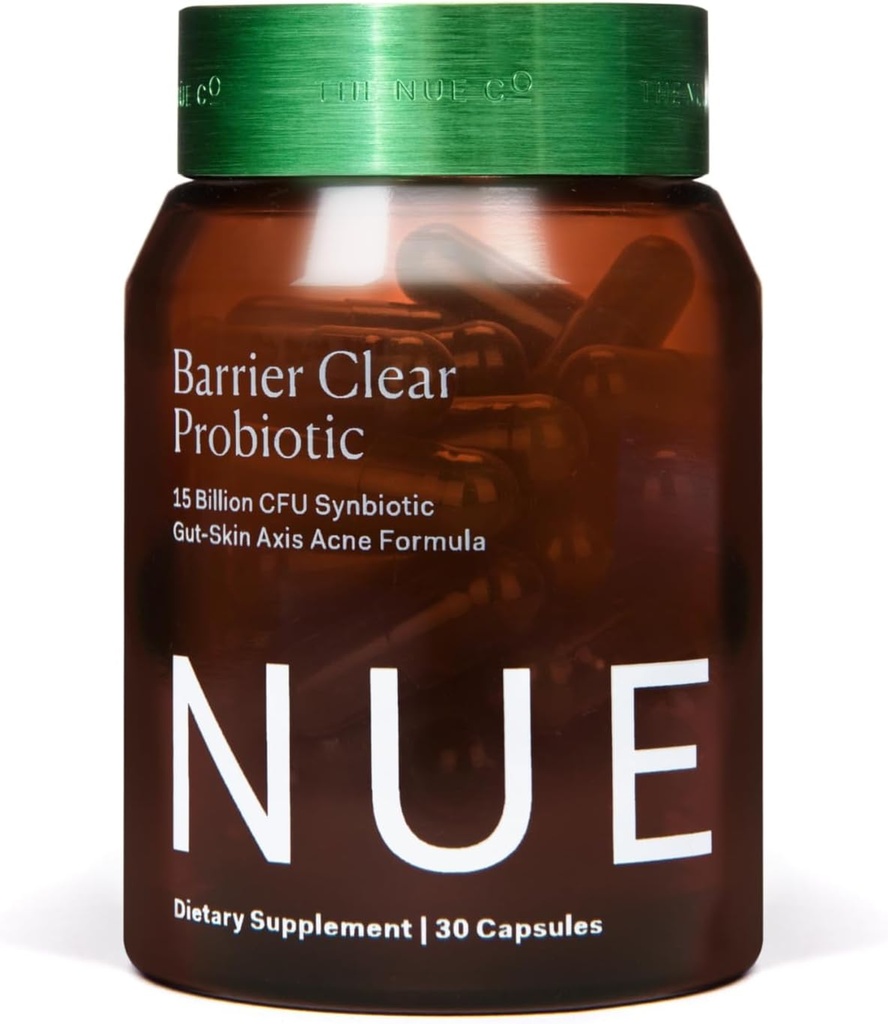 La Nue Co. Barrier Clear Probiotic, Gut-Skin Axis Acne Formula, per tutti i tipi di pelle, 30 capsule