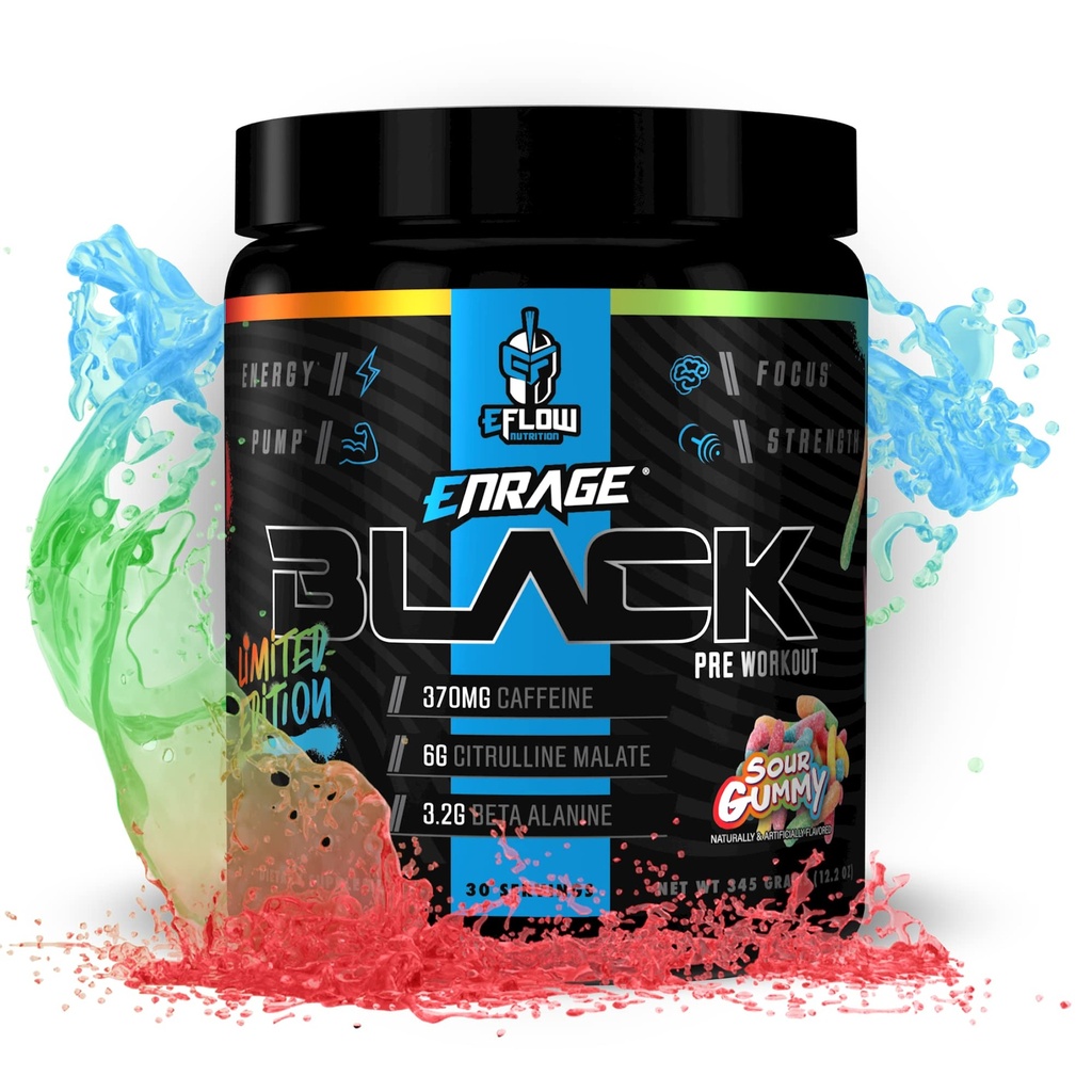 eFlow Nutrition Enrage Black High Stimulant Pre Workout Supplement - Preworkout Powder to Boost Energy, Pumps and Strength - 4 Sapori (30 Serve) (Sour Gummy)