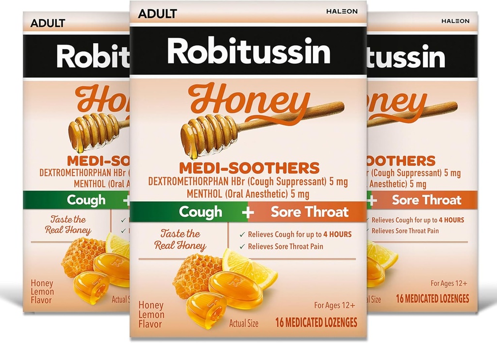 Robitussin Medi-Soothers Honey Lemon Throat Lozenges, Long-Lasting Cough + Sore Throat Pain Relief - 48 Conte (3 x 16ct Packs)