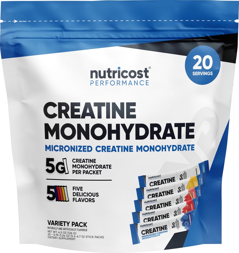 Nutricost Creatina Monoidrato Polvere Variety Stickpacks (5 Sapori, 20 Serve) - Micronized, 5 Grammi di Creatina Monoidrato Per Pack