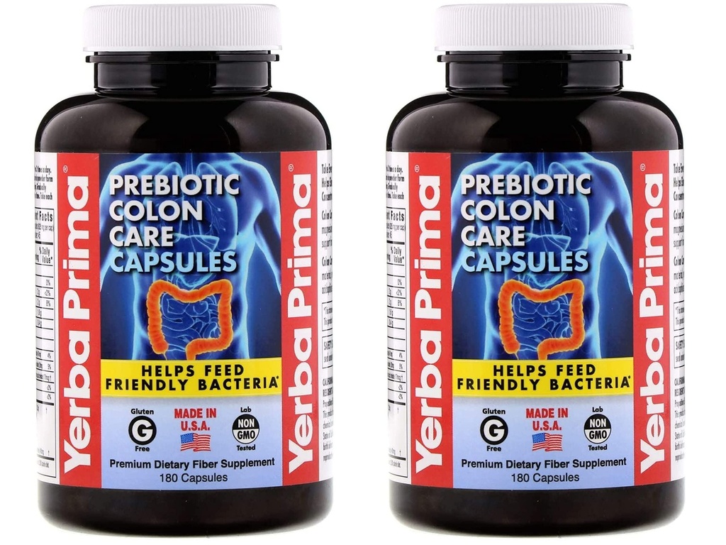 Yerba Prima Prebiotic Colon Care Capsule - 180 Conte (Pack of 2), Gluten Free, Proudly Made in the USA, Non-GMO, Fibra Solubile & Insolubile, Supporta un colon funzionale sano