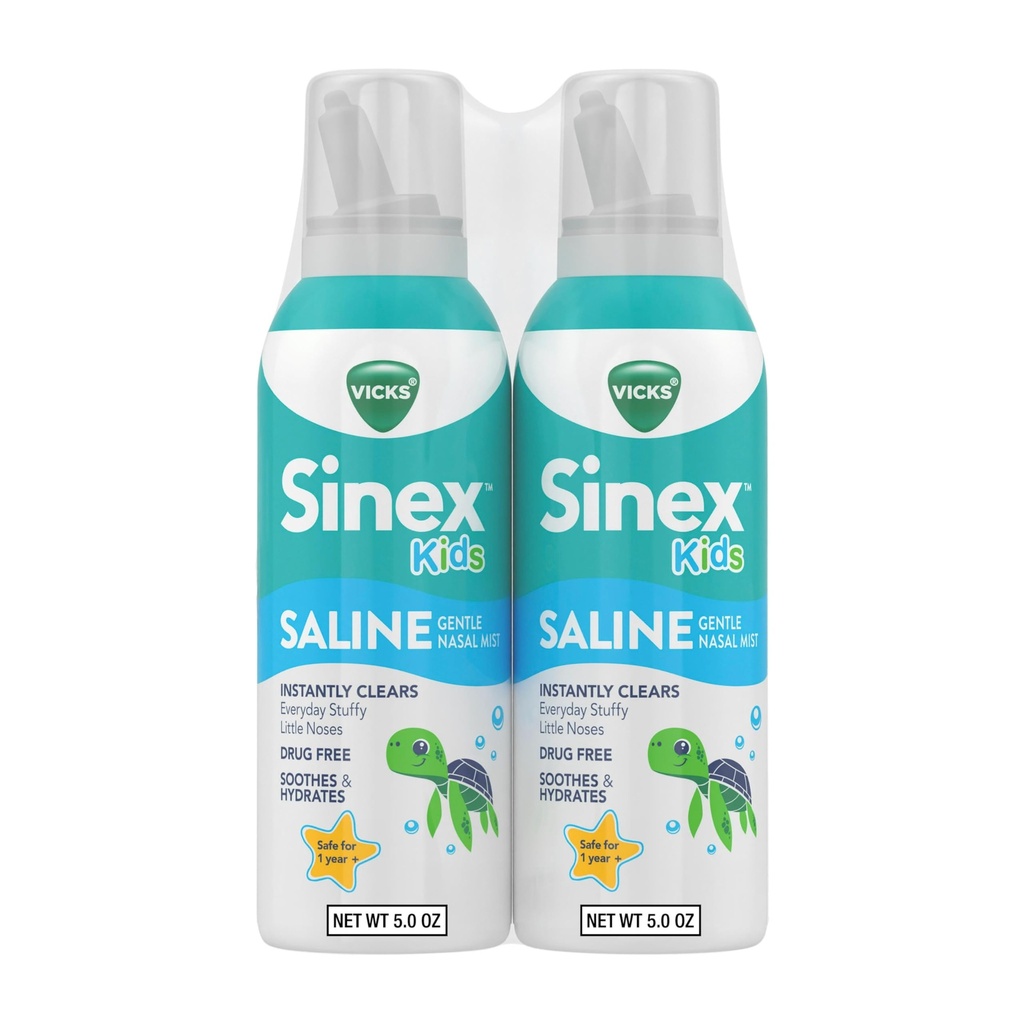 Vicks Sinex, spray per nasali Saline per bambini, Droga Free Ultra Fine Mist con Hint of Aloe, Età 1+, Fast Everyday Stuffy Nose Relief per bambini, muco chiaro da un freddo o allergia, 5 OZ x 2