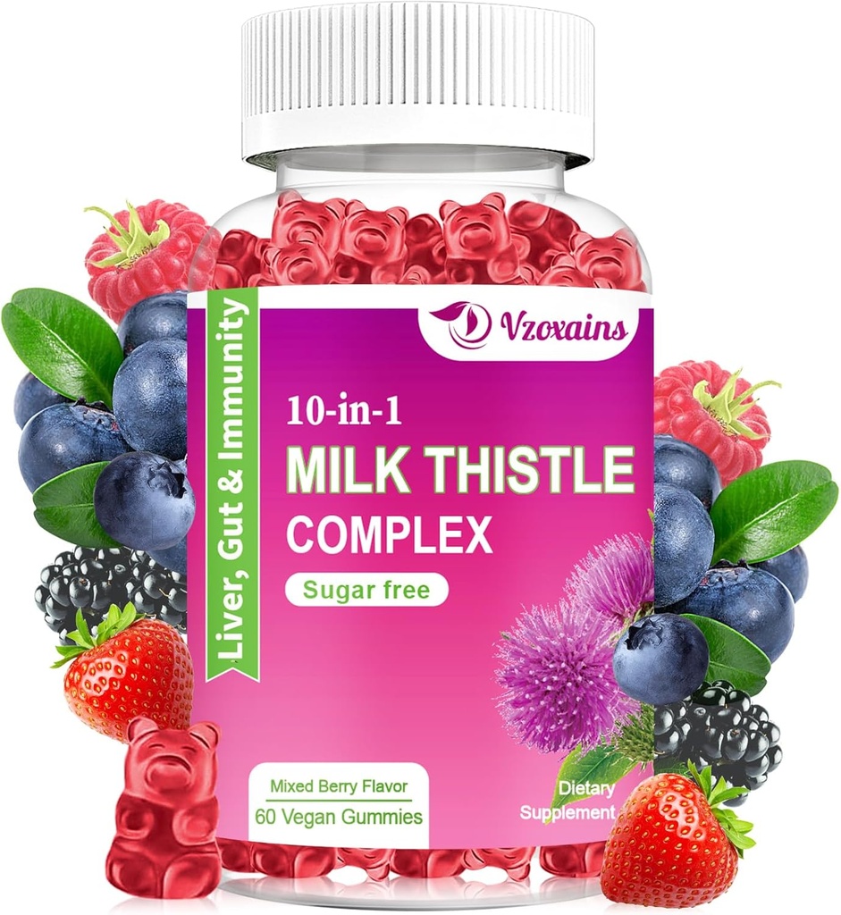 Gummie di cardo al latte, 10-in-1 Formula di erbe per la pulizia del fegato Detox & Riparazione con radice di dadelion, curcuma, carciofo - Funzione epatica ottimale e salute digestiva - Aroma di bacche miste