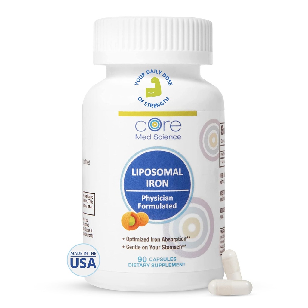 Nucleo Med Scienza Supplemento di ferro Liposomico per le donne e gli uomini, 65 mg (90 capsule) - Pillole di vitamina di assorbimento di ferro per carenza durante la gravidanza - Facile da ingoiare e gentle su Stomach - Dairy-Free