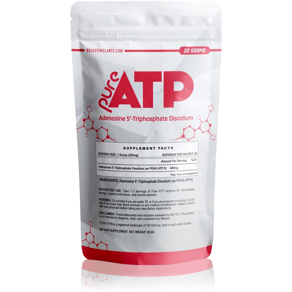 BulkStimulants Pure ATP Adenosine Triphosphate Powder - Aumentare l'energia, l'eccedenza, la resistenza, il recupero e la pompa del muscolo, più veloce di Creatina HMB & Ossido nitrico, integratore naturale pre allenamento - 20 grammi