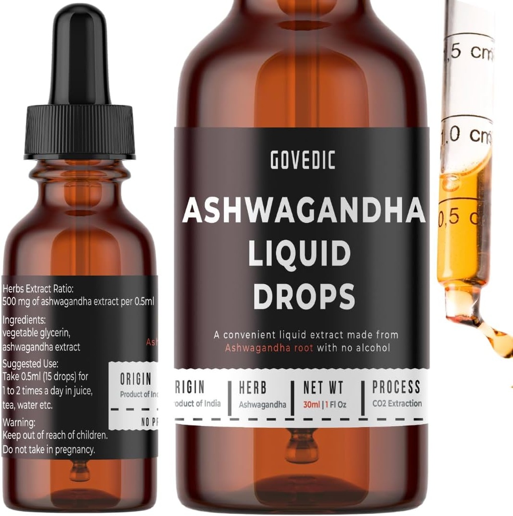 Ashwagandha Liquid Drops Concentrato 1 Fl Oz 30ml | 60 Serve di 500mg Organic Root Tincture Extract Supplement | Stress Relief, Energy & Immunity, Mental Focus, Fast Absorption