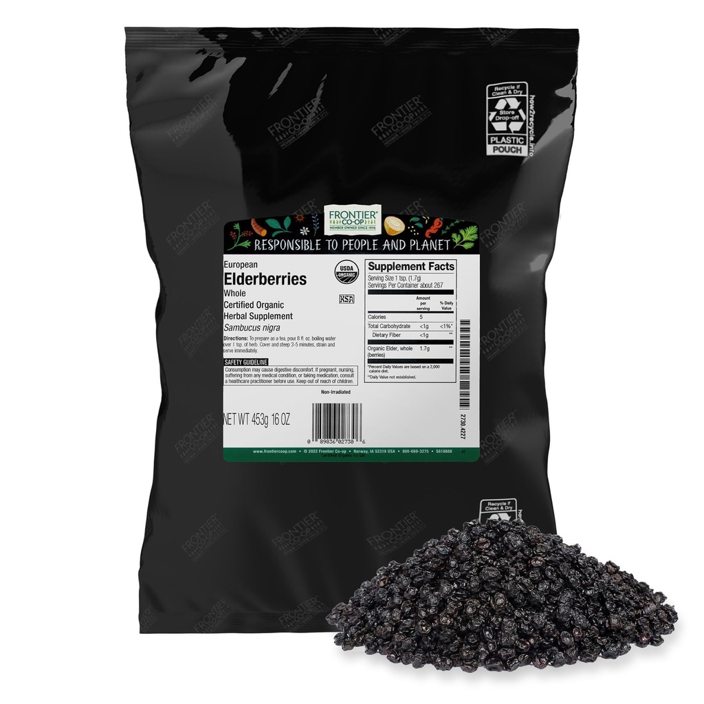 Frontier Co-op Organic Dried Elderberries, 1lb Bulk Bag, European Whole | Kosher e non OGM Organic Elderberry Berries Dried, for Tea, Immune Support