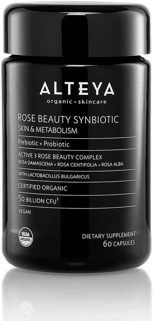 Alteya Organics Bellezza Prebiotici + Probiotici ed Estratti di Rosa, La bellezza della pelle dal supplemento, 50 miliardi di CFU & Lactobacillus Bulgaricus per viso e metabolismo - 60 capsule