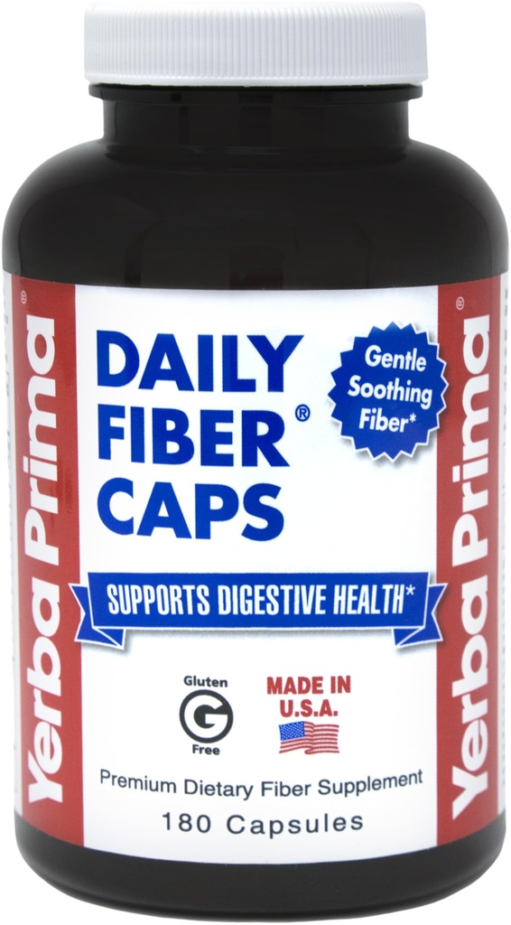 Yerba Prima Daily Fiber Caps - 180 Capsule - Soluble & Insoluble Dietary Fiber Supplement - Colon Cleanse - Gut Health - Vegan, Non OGM, Gluten-Free