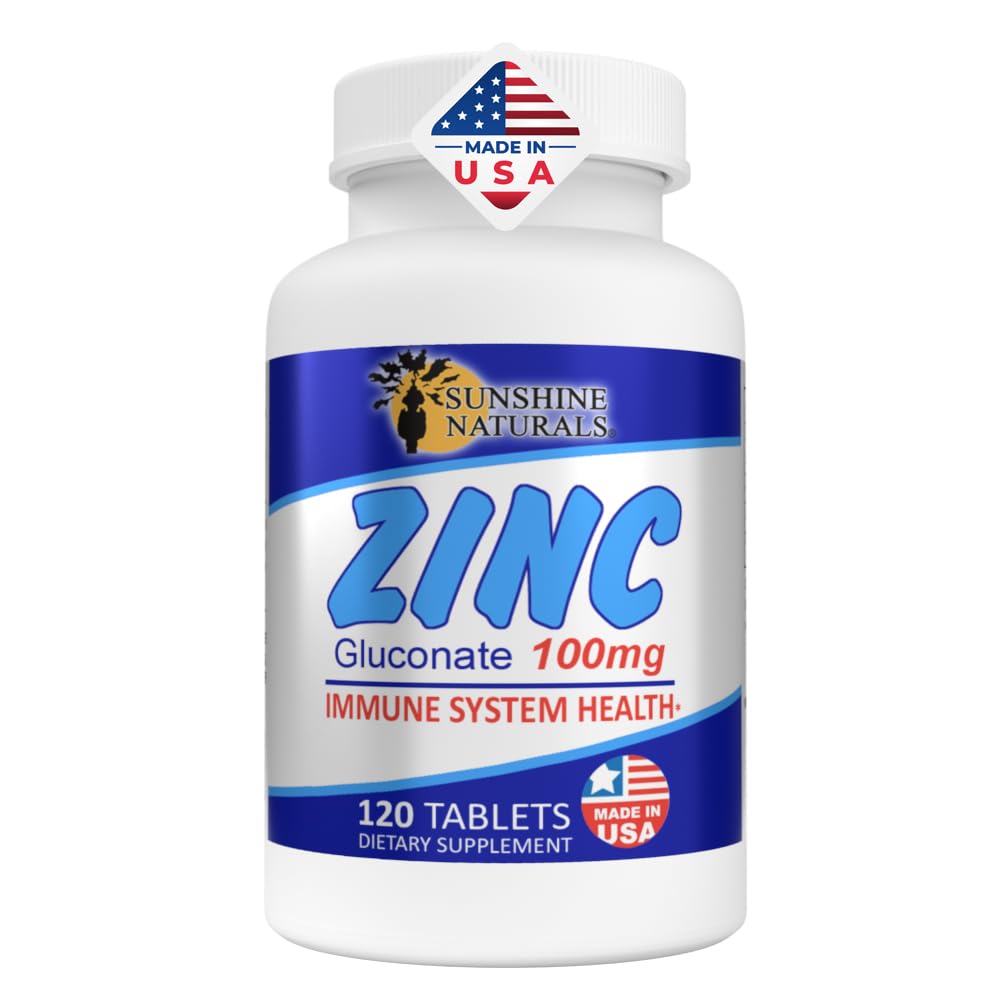 Sunshine Naturals Zinc Gluconate Mineral Supplemento – Supporta il sistema immunitario, Promuove la guarigione ferita, Migliora la salute della pelle, Fornisce la difesa antiossidante – 100 mg, 120 compresse, alta potenza