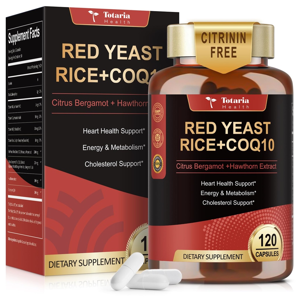Riso di lievito rosso 2.000mg con CoQ10 Supplemento - Estratto gratuito di citrina Capsule di riso rosso lievito con CoQ10 100 Plus Citrus Bergamot - Colesterolo Riduzione Supplementi 3rd-Party Testato Vegan Non OGM