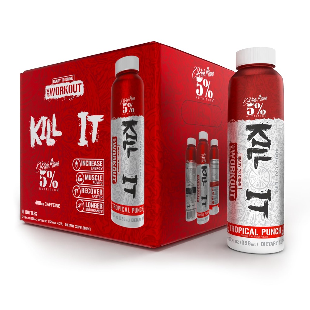 5% Nutrition Kill It Ready-to-Drink High Stim Pre Workout | 400mg Caffeine Energy Drink | Pompa estrema, Endurance, Focus & Hydration | Citrulline, Beta Alanine, Taurine | 12 Pack (Tropical Punch)
