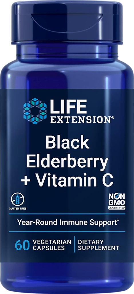 Estensione di vita Black Elderberry + Vitamina C, Supporto immunitario di tutti i giorni da Elderberry & Vitamin C, Gluten Free, Non OGM, Vegetariano, 60 capsule