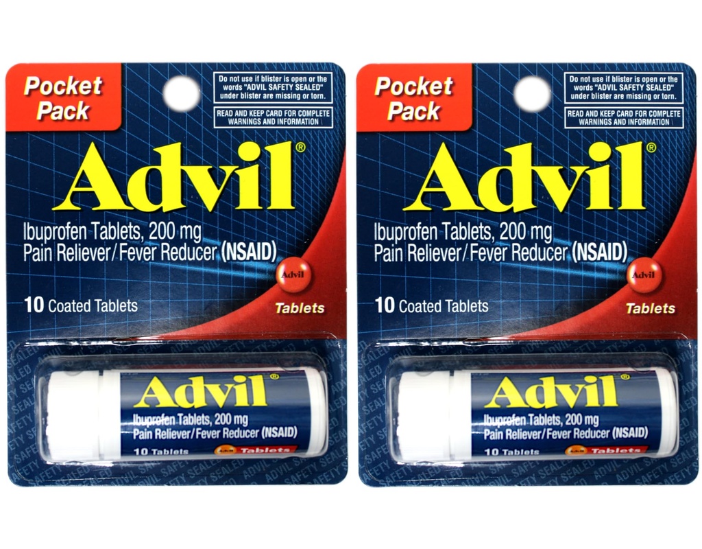 2 Confezione da tasca Advil Pain Reliever / Fever Riduttore Ibuprofen 200mg - 10 compresse rivestite PER Pack (20 Tablet Totale)