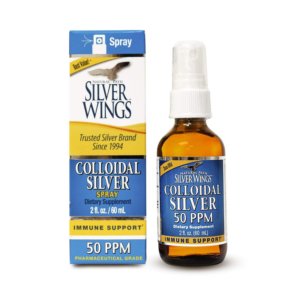 Percorso naturale Silver Wings Colloidal Silver Liquid - Supplemento giornaliero di supporto immunitario - 50ppm (250mcg) - 2oz Spray