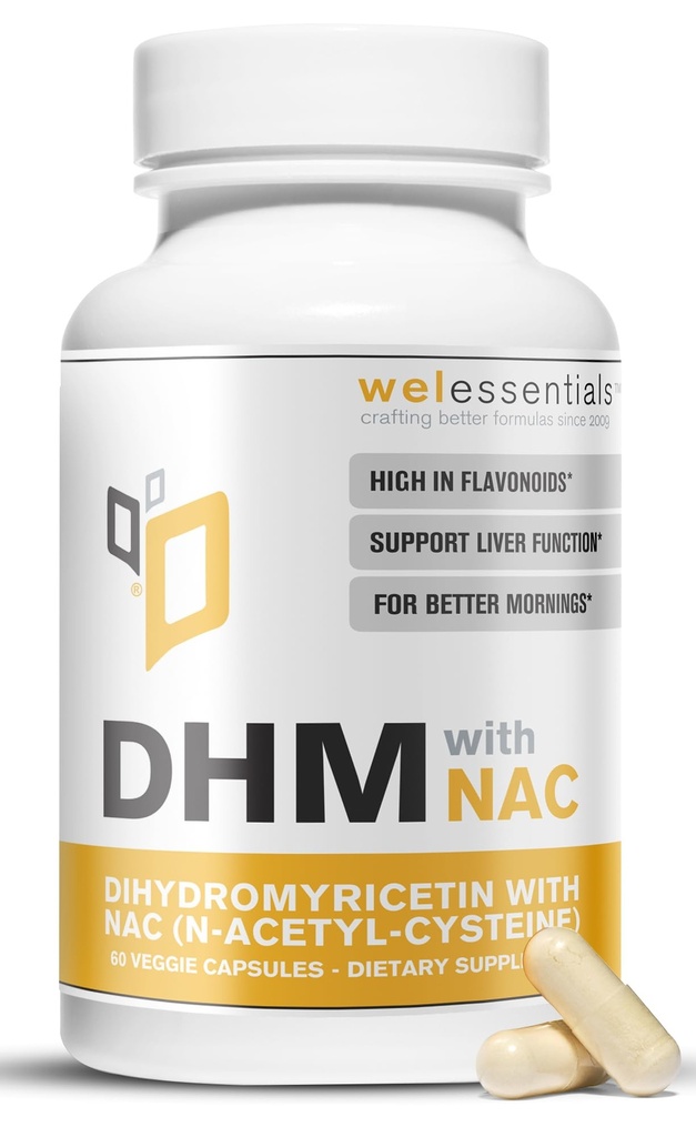 Dihydromyricetin DHM con NAC - 650mg x 60 Capsule - 300mg N-Acetyl-Cysteine, 350mg Dihydromyricetin - Max Strength Integratore alimentare per il supporto al fegato, Idratazione