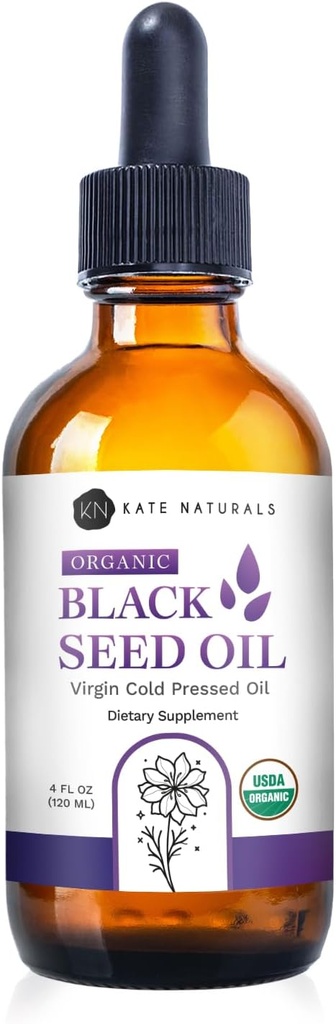 Kate Naturals Organic Black Seed Oil (4oz, Virgin, Cold Pressed, Non OGM) Liquid Nigella Sativa per il supporto immunitario & Digestion. Pure Blackseed Cumin olio per capelli e pelle