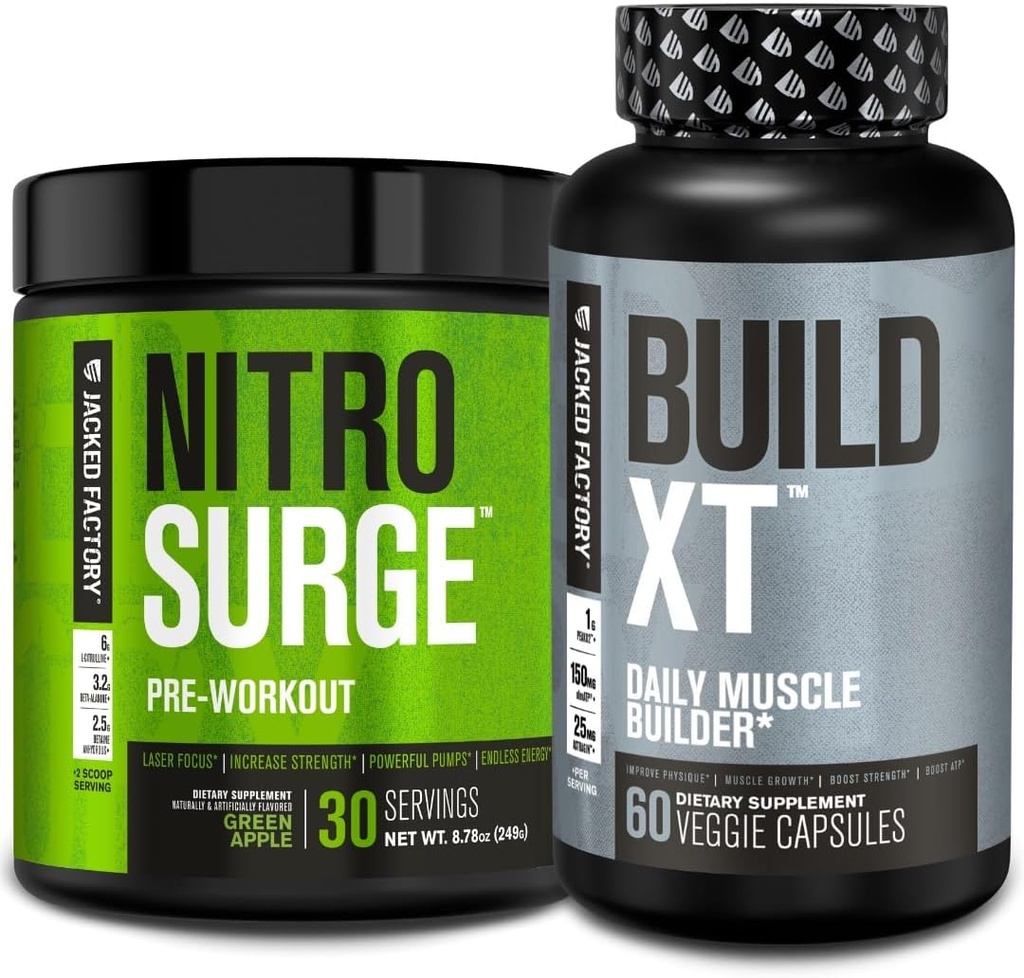 Jacked Factory Nitrosurge Pre-Workout in Green Apple & Build XT Muscle Building Bundle per uomini e donne