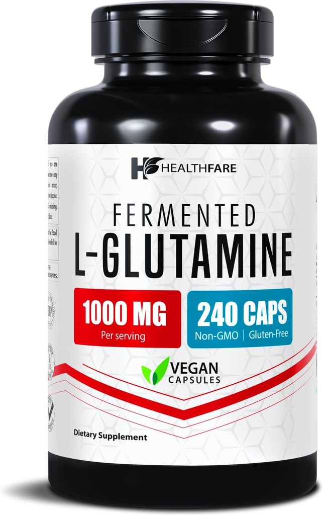 HealthFare L Glutamine 1000mg | 240 capsule vegane | Supplemento di aminoacidi ad alta resistenza | Supporta l'equilibrio digestivo, l'assorbimento nutriente e il recupero muscolare | Non-GMO, Gluten-Free | Made in USA