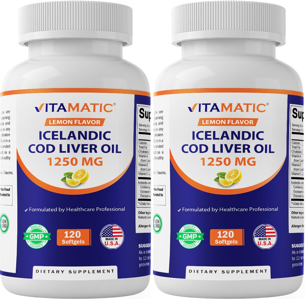 Vitamatic 2 Pack Islandese Cod Liver Oil Capsule 1250mg 120 Softgels (Lemon Flavor) - promuove la salute cardiovascolare
