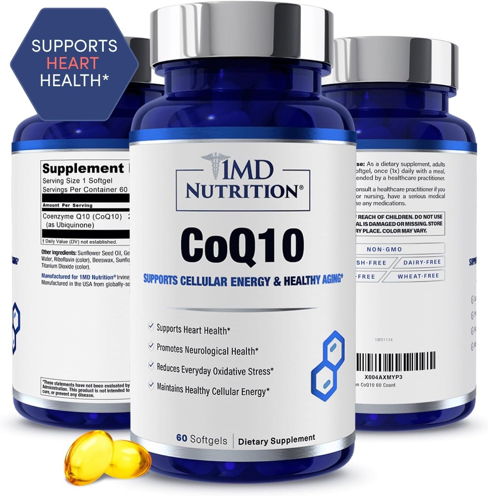1MD Nutrition CoQ10 - per la salute del cuore e la produzione di energia cellulare - Supplemento di salute per gli uomini e le donne - Coenzyme Q10 Softgel - 60 giorni
