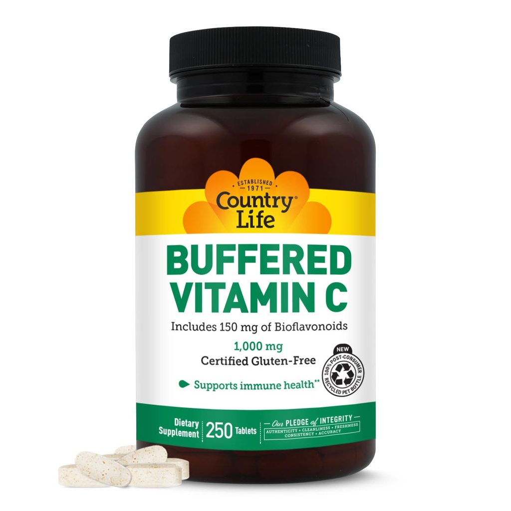 Country Life Buffered Vitamin C 1000mg con Bioflavonoidi, Calcio, Magnesio, Potassio - Supporto immunitario, Capsule Vegan, Senza Glutine, Genere su Stomach - 250 compresse