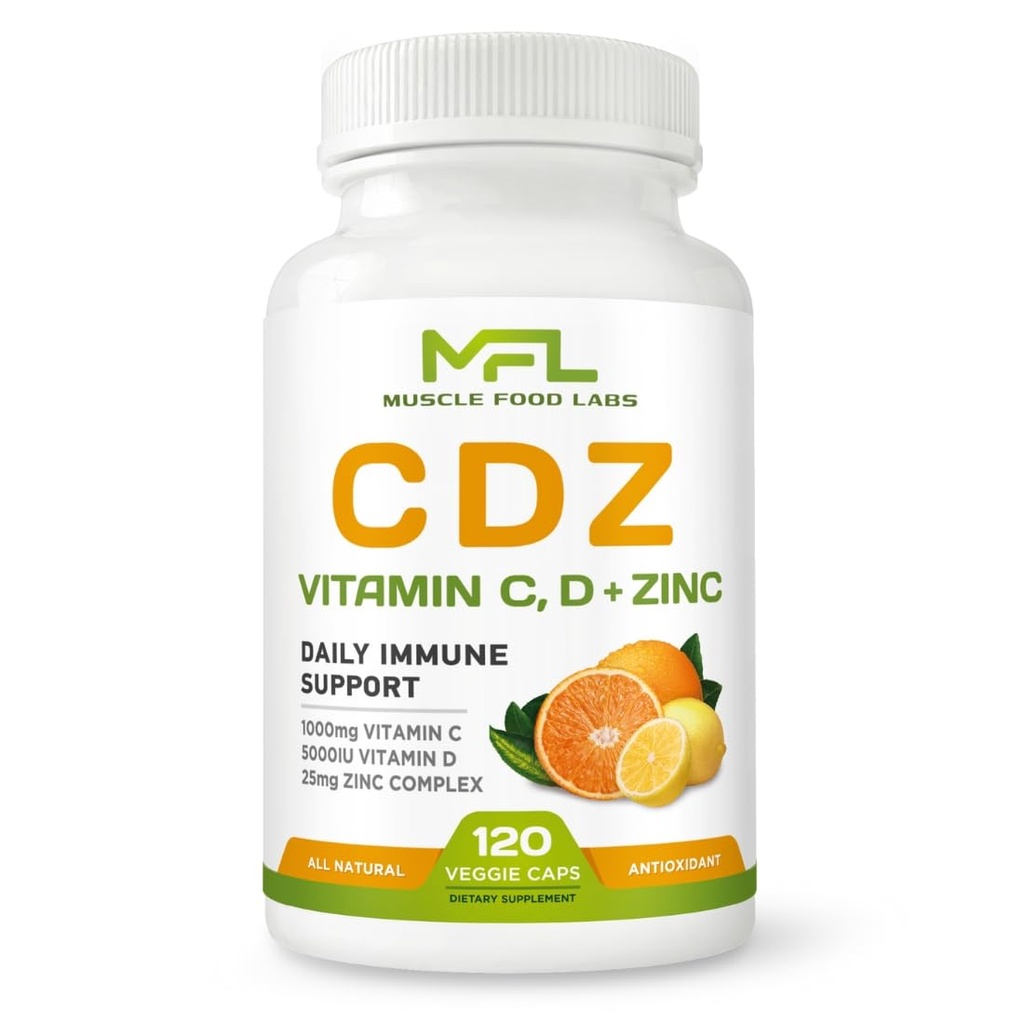| C D Z | Vitamina C, 1000mg | Vitamina D3, 125mcg | Zinco, 25mg | Non OGM & Gluten Free | 120 Capsule Vegetariani | 120 Serve
